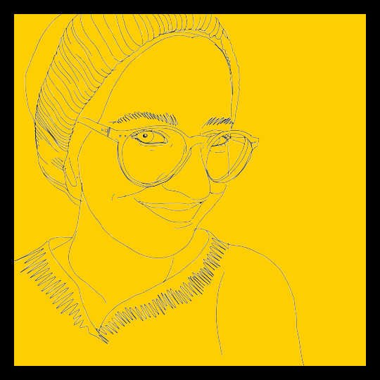 A black and yellow illustration of a woman wearing a knit beanie and glasses, looking at the camera and smiling, a little.