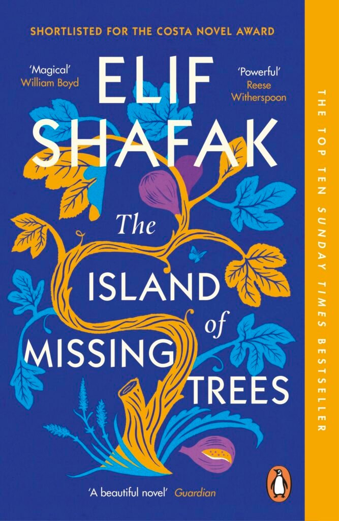 cover of the book "the island of missing trees" by elif shafak. A graphic, bright yellow and blue tree snakes up the book against a darker blue background.