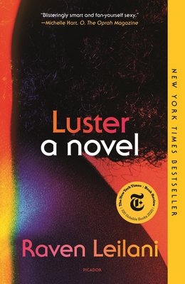 The cover of the book "Luster: A novel" by Raven Leilani, featuring orange and white text over a close-up photograph of a black woman's bare shoulder and hair.