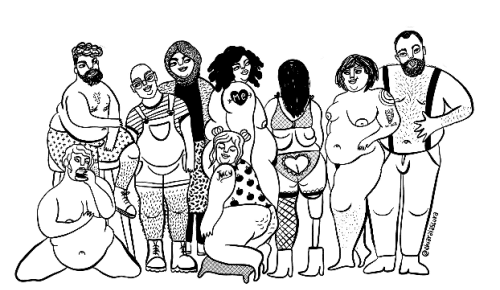 A black and white drawing of a group of 9 people. They have a wide range of genders, body types, colors, and abilities. All are smiling, happy to be together.