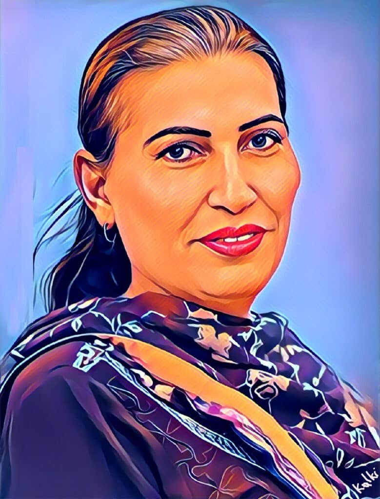 A digital illustration of Bindiya Rana, a Pakistani woman with long brown hair, wearing a purple flowered garment and looking directly at the viewer. The poem is written to her: "We live apart, yet we live alike."