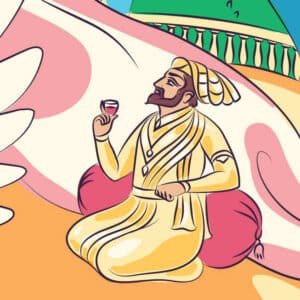 An illustration of a bearded, light-skinned man wearing yellow robes and a yellow headdress kneeling on a pink cushion.