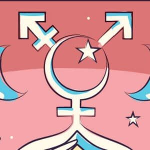 A close-up section of illustration depicting a symbol that combines the symbols for male and female with a crescent and star.