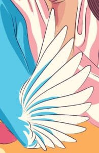 A close-up section of an illustration showing a woman's sleeve that's been designed to look like the wings of a bird.