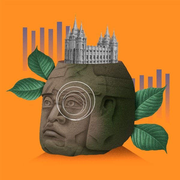 An illustration of a large, round, gray carved stone head with a small rendition of the main Mormon temple in Utah, a large white building with many spires, on top of its head. The illustration sits on a bright orange background.