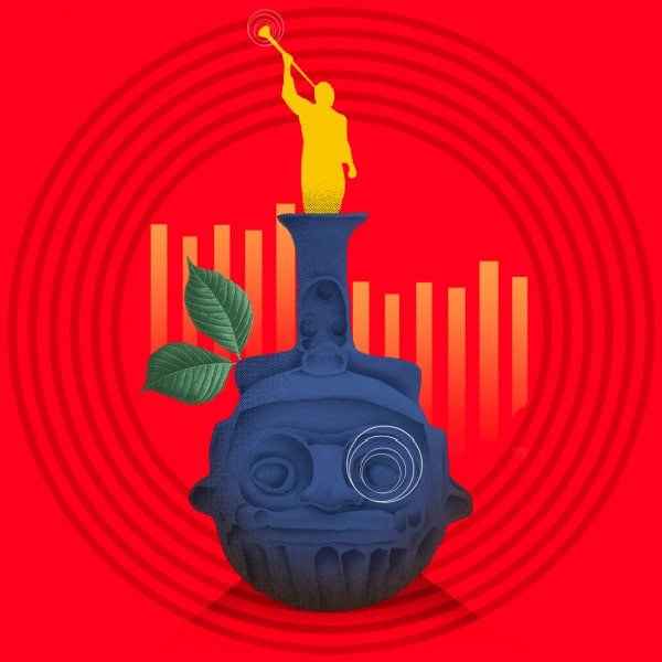 An illustration of a round, carved stone head out of which protrudes a candlestick holder. Instead of a flame, there is a stylized yellow silhouette of the angel Mormoni, as is seen on top of Mormon temples.