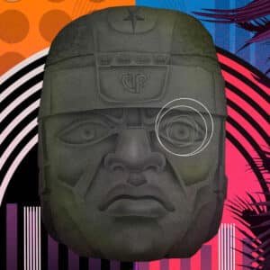 An illustration of a large, carved head made of gray stone. The face has broad, rounded features, and the illustration has a multicolored background.