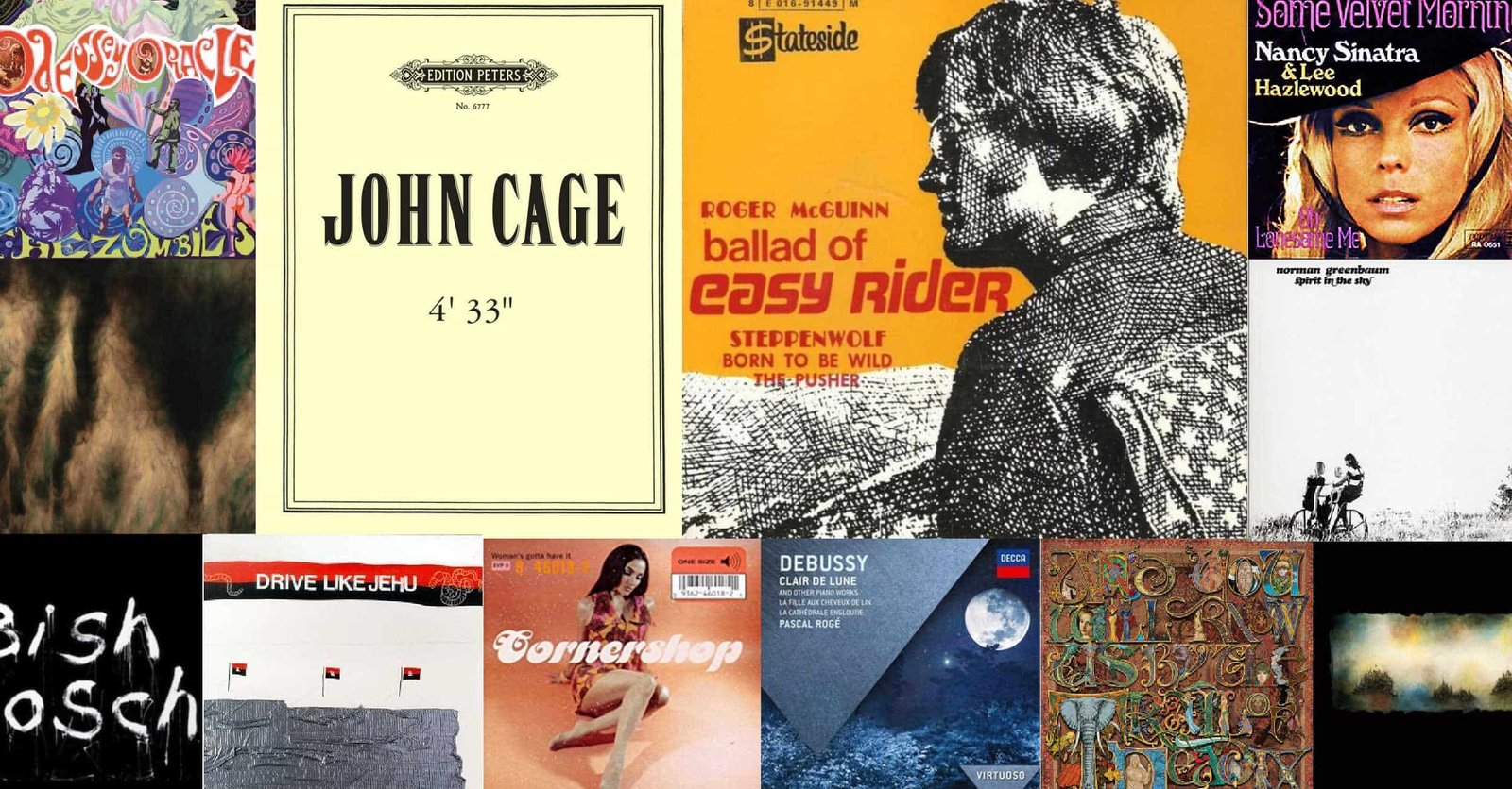 A collage of album covers from the songs included in this page's playlist. At the center are "4'33'" by John Cage and "The Ballad of Easy Rider" by Roger McGuinn